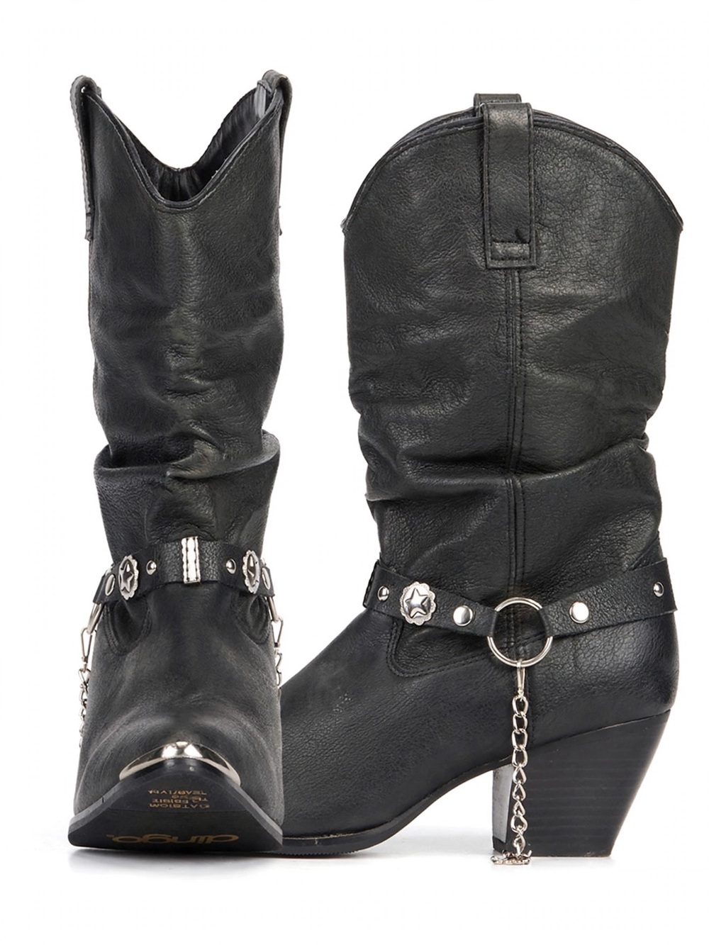 Dingo Black Leather Western Boots – 10W Slouch Shaft, Star Concho & Chain Strap